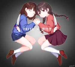 Rule 34 | 1girl, androgynous, braid, brown hair, chyoling, closed eyes, frisk (undertale), highres, kneehighs, knife, long hair, madotsuki, pink shirt, shirt, shoes, short hair, shorts, skirt, socks, striped clothes, striped shirt, trait connection, twin braids, undertale, yume nikki