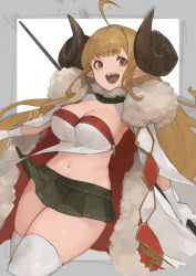 Rule 34 | 1girl, ahoge, anila (granblue fantasy), black skirt, blonde hair, blunt bangs, breasts, cleavage, coat, cowboy shot, detached collar, draph, eyelashes, fur coat, gloves, granblue fantasy, highres, horns, large breasts, large horns, long hair, looking at viewer, miniskirt, n9+, navel, open mouth, pleated skirt, pointy ears, simple background, skirt, smile, solo, stomach, teeth, thighhighs, upper teeth only, white gloves, yellow eyes