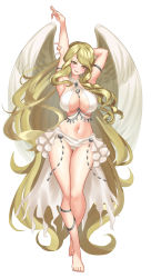 Rule 34 | 1girl, absurdly long hair, absurdres, alternate breast size, alternate costume, angel wings, arm strap, barefoot, bikini, blonde hair, blush, breasts, cleavage, dancer, earrings, feathered wings, fire emblem, fire emblem: path of radiance, fire emblem: radiant dawn, fire emblem heroes, full body, hand up, harem outfit, highres, jewelry, leanne (fire emblem), leg strap, long hair, navel, nez-box, nintendo, open mouth, simple background, swimsuit, very long hair, white background, white bikini, white wings, wings, yellow eyes