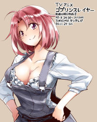 Rule 34 | 10s, 1girl, ahoge, breasts, cleavage, collarbone, cow girl (goblin slayer!), frills, goblin slayer!, highres, kurose kousuke, large breasts, long sleeves, official art, overalls, pink hair, purple eyes, solo, suspenders, text focus, translation request