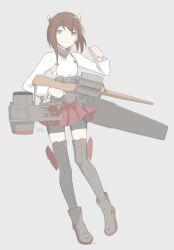 Rule 34 | 1girl, bike shorts, black shorts, boots, bow (weapon), brown eyes, brown hair, corset, crossbow, flat chest, flight deck, full body, grey background, grey footwear, grey thighhighs, headband, headgear, hikashima (shiofune), kantai collection, looking at viewer, pleated skirt, red skirt, shorts, simple background, skirt, solo, taihou (kancolle), thighhighs, weapon