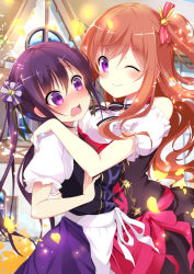 Rule 34 | 2girls, ;), alternate costume, blush, brown hair, closed mouth, commentary request, dirndl, embarrassed, german clothes, gochuumon wa usagi desu ka?, hair ornament, hair ribbon, highres, hoto mocha, long hair, looking at viewer, multiple girls, one eye closed, open mouth, purple eyes, purple hair, ribbon, short sleeves, smile, tedeza rize, twintails, wavy mouth, youmou usagi