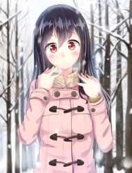 Rule 34 | 1girl, :c, black hair, blush, forest, highres, igayan, jacket, long sleeves, nature, original, red eyes, snow, solo, winter clothes
