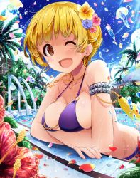 Rule 34 | + +, 2girls, ;d, anko222g, armlet, banana boat, bare arms, bare shoulders, bikini, blonde hair, blue flower, blunt bangs, blush, breast rest, breasts, brown eyes, brown hair, building, bush, chain, cleavage, collarbone, commentary request, cowboy shot, crossed arms, day, earrings, fingernails, flower, fukuda noriko, glint, gold chain, groin, hair flower, hair ornament, halterneck, hibiscus, highres, hoop earrings, idolmaster, idolmaster million live!, inflatable toy, jewelry, looking at viewer, matsuda arisa, medium breasts, multiple girls, necklace, o-ring, o-ring bikini, o-ring top, one eye closed, open mouth, outdoors, palm tree, parasol, partially submerged, peeking out, pendant, petals, pool, pool ladder, poolside, purple bikini, red flower, short hair, smile, solo focus, sparkle, star (symbol), star necklace, string bikini, swimsuit, tree, twintails, umbrella, water drop, wet, wet hair, yellow flower