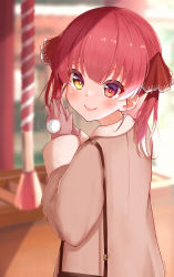 Rule 34 | 1girl, absurdres, alternate costume, bad id, bad pixiv id, bag, blush, bright pupils, brown coat, closed mouth, coat, from behind, gloves, hair ribbon, handbag, hatsumoude, heterochromia, highres, hololive, houshou marine, kohe billialot, kouhaku nawa, looking at viewer, new year, pom pom (clothes), praying, red eyes, red hair, red ribbon, ribbon, rope, shimenawa, short hair, shrine, smile, solo, twintails, upper body, virtual youtuber, winter clothes, yellow eyes