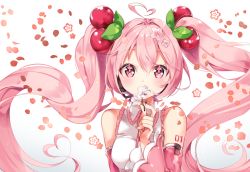 Rule 34 | 1girl, ahoge, arami o 8, bare shoulders, blouse, blush, breasts, cherry blossoms, cherry hair ornament, collared shirt, commentary, detached sleeves, flower, flower in eye, food-themed hair ornament, hair flower, hair ornament, hatsune miku, headset, heart, heart ahoge, heart hair, long hair, long sleeves, looking at viewer, petals, pink eyes, pink flower, pink hair, pink sleeves, sakura miku, shirt, small breasts, smelling, solo, symbol in eye, tareme, twintails, upper body, very long hair, vocaloid, white background, white shirt