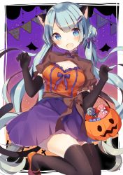 Rule 34 | 1girl, absurdres, animal ears, cat ears, cat tail, claw pose, dress, elbow gloves, gloves, green eyes, green hair, halloween costume, highres, jack-o&#039;-lantern, long hair, open mouth, original, shiino sera, tail, thighhighs