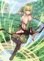 Rule 34 | 1girl, absurdres, arrow (projectile), bare shoulders, belt, bikini, black gloves, boots, bow (weapon), braid, breasts, brown footwear, cleavage, closed mouth, crop top, crotchless, crotchless pants, day, detached sleeves, drawing bow, elf, floating hair, full body, gloves, green eyes, green hair, green pants, halterneck, halterneck, highres, holding, holding bow (weapon), holding weapon, knee boots, large breasts, leg belt, long hair, long sleeves, looking at viewer, midriff, navel, original, outdoors, pants, pointy ears, rebutsu, revealing clothes, river, sidelocks, single braid, single glove, solo, stomach, swimsuit, weapon, white bikini