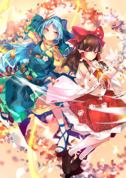 Rule 34 | &gt;:(, 2girls, apron, arm up, ascot, bare shoulders, beige background, black footwear, blue apron, blue hair, blush, bow, brown hair, commentary request, detached sleeves, dress, flower, hair bow, hair tubes, hakurei reimu, hands up, haniyasushin keiki, head scarf, highres, jewelry, kneehighs, long hair, long sleeves, looking at viewer, magatama, magatama necklace, multiple girls, necklace, paw print, petals, petticoat, pocket, puffy short sleeves, puffy sleeves, red bow, red eyes, red skirt, ribbon-trimmed sleeves, ribbon trim, sakusyo, sandals, shoes, short sleeves, sidelocks, skirt, skirt set, smile, socks, touhou, v-shaped eyebrows, white flower, white legwear, wide sleeves, wily beast and weakest creature, yellow ascot, yellow dress