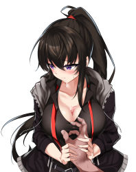 Rule 34 | 1girl, :t, absurdres, arm grab, belt, between breasts, black belt, black hair, black jacket, black shirt, blush, breasts, cleavage, closed mouth, collarbone, collared shirt, commentary request, counter:side, drawstring, elze (s01047480836), hair between eyes, hair ribbon, highres, hood, hood down, hooded jacket, jacket, korean commentary, large breasts, liquid, long hair, looking away, neck ribbon, open clothes, open jacket, partial commentary, ponytail, pov, pov hands, purple eyes, red neckwear, ribbon, shirt, sidelocks, simple background, solo focus, standing, sweat, taut clothes, taut shirt, undone neck ribbon, upper body, very long hair, white background, yoo mina