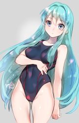 Rule 34 | 1girl, aqua hair, bare shoulders, blue eyes, breasts, competition swimsuit, eirika (fire emblem), fire emblem, fire emblem: the sacred stones, fire emblem heroes, long hair, looking at viewer, medium breasts, negiwo, nintendo, one-piece swimsuit, simple background, solo, swimsuit, white background
