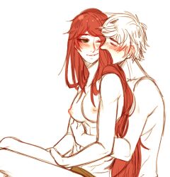 Rule 34 | 1boy, 1girl, blush, breasts, green eyes, jaune arc, large breasts, nipples, nude, partially colored, pyrrha nikos, red hair, rwby