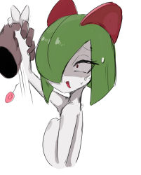 Rule 34 | 1girl, arm up, colored skin, constricted pupils, controller, creatures (company), cropped torso, fang, female focus, game freak, gen 3 pokemon, green hair, hand on own chest, hand up, highres, holding another&#039;s arm, kirlia, motion lines, my700, nervous, nintendo, open mouth, pokemon, pokemon (creature), raised eyebrows, red eyes, remote control, remote control vibrator, sex toy, shaded face, short hair, sidelocks, simple background, sketch, skin fang, solo focus, sweat, upper body, vibrator, white background, white skin