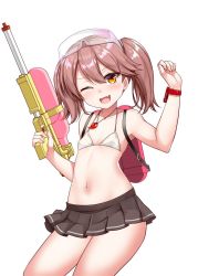 Rule 34 | 1girl, armpits, backpack, bad id, bad twitter id, bag, bikini, bikini top only, black skirt, brown eyes, brown hair, commentary request, cowboy shot, eyewear on head, fang, finger on trigger, flat chest, from side, hair between eyes, halterneck, highres, jewelry, kantai collection, kirigakure (kirigakure tantei jimusho), looking at viewer, magatama, magatama necklace, microskirt, navel, necklace, one eye closed, open mouth, parted bangs, pleated skirt, ryuujou (kancolle), safety glasses, simple background, skirt, solo, standing, string bikini, super soaker, swimsuit, thighs, twintails, watch, water gun, white background, white bikini, wristwatch