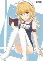 Rule 34 | 1girl, :o, ahoge, blonde hair, blue eyes, blush, book, breasts, cleavage, clothes writing, glasses, hair ribbon, hat, highres, holding, holding book, i-8 (kancolle), kantai collection, low twintails, name tag, no shoes, one-piece swimsuit, open mouth, peaked cap, pepatiku, red-framed eyewear, ribbon, sailor hat, school swimsuit, semi-rimless eyewear, signature, sitting, solo, swimsuit, thighhighs, thighs, twintails, white ribbon, white thighhighs