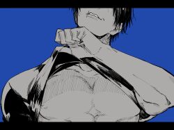 Rule 34 | 1boy, blue background, clothes lift, facing viewer, fushiguro touji, greyscale with colored background, head out of frame, highres, jomae gen, jujutsu kaisen, lifting own clothes, male focus, mature male, nipples, parted lips, pectorals, scar, scar on face, scar on mouth, shirt lift, simple background, solo, upper body