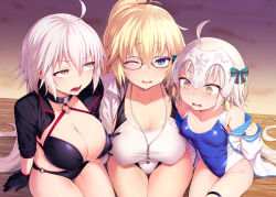 Rule 34 | 3girls, ahoge, alternate costume, bare shoulders, bikini, bikini under clothes, black-framed eyewear, blonde hair, blue eyes, blush, breasts, cleavage, competition swimsuit, covered erect nipples, drawstring, fate/grand order, fate (series), glasses, gloves, groin, hair between eyes, headpiece, jeanne d&#039;arc alter (swimsuit berserker) (fate), jeanne d&#039;arc (fate), jeanne d&#039;arc (ruler) (fate), jeanne d&#039;arc (swimsuit archer) (fate), jeanne d&#039;arc (swimsuit archer) (second ascension) (fate), jeanne d&#039;arc alter (fate), jeanne d&#039;arc alter (swimsuit berserker) (fate), jeanne d&#039;arc alter santa lily (fate), large breasts, long hair, medium breasts, multiple girls, off shoulder, one-piece swimsuit, one eye closed, open mouth, satou kuuki, short hair, shrug (clothing), small breasts, swimsuit, swimsuit under clothes, thigh gap, thigh strap, very long hair, white hair, yellow eyes