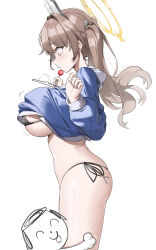 Rule 34 | 1boy, 1girl, absurdres, doodle sensei (blue archive), bikini, black bikini, blue archive, blue jacket, breasts, brown eyes, brown hair, candy, commentary, commentary request, english commentary, food, halo, highres, holding, holding candy, holding food, holding lollipop, jacket, large breasts, lollipop, long hair, long sleeves, looking down, mixed-language commentary, moe (blue archive), moe (swimsuit) (blue archive), navel, official alternate costume, profile, samart, sensei (blue archive), side-tie bikini bottom, simple background, swimsuit, twintails, white background, yellow halo