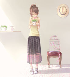 Rule 34 | 1girl, bare shoulders, birdcage, brown hair, cage, closed eyes, floral print, flower, hat, long skirt, no socks, pitcher (container), plant, ponytail, potted plant, see-through, shoes, skirt, smile, sneakers, solo, standing, tank top, tokumaru