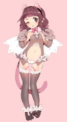 Rule 34 | 1girl, :p, animal ears, animal hands, black thighhighs, braid, brown eyes, brown hair, cameltoe, cape, cat ears, center opening, detached sleeves, fake animal ears, gloves, highres, long hair, navel, niniidawns, one eye closed, original, panties, paw gloves, paw pose, paw shoes, shirt, shoes, smile, solo, tail, thighhighs, tongue, tongue out, twin braids, twintails, underwear