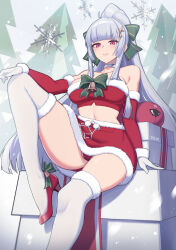 Rule 34 | 1girl, bare shoulders, bell, blunt bangs, bow, character request, choker, commentary, copyright request, detached sleeves, foot out of frame, fur-trimmed skirt, fur trim, gloves, green bow, grey hair, hair bow, high heels, highres, knee up, long hair, looking at viewer, miniskirt, pink eyes, ponytail, psidubs, red footwear, red skirt, sidelocks, sitting, skirt, skirt set, solo, strapless, thighhighs, thighs, tube top, very long hair, white choker, white gloves, white thighhighs
