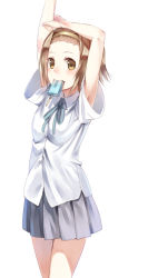 Rule 34 | 1girl, arms up, blush, brown eyes, brown hair, female focus, food, hairband, k-on!, mouth hold, parsley-f, pleated skirt, popsicle, school uniform, simple background, skirt, solo, tainaka ritsu, uniform, white background