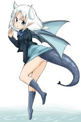 Rule 34 | 1girl, absurdres, ass, blue bow, blue dress, blue jacket, blue socks, blue wings, blush, bow, commentary request, dragon horns, dragon tail, dragon wings, dress, fingernails, full body, hand up, head tilt, highres, horns, jacket, juliet sleeves, kneehighs, long hair, long sleeves, looking at viewer, looking to the side, low-tied long hair, no shoes, original, panties, pink panties, pointy ears, puffy sleeves, ripples, scales, sekira ame, socks, soles, solo, tail, underwear, water, white background, white hair, wings