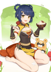 Rule 34 | 1girl, absurdres, bandaid, bandaid on knee, bandaid on leg, bare shoulders, barefoot, black shorts, blue hair, bow, braid, breasts, chinese clothes, chopsticks, cleavage, commentary, dmwd233, dress, closed eyes, feet, food, food on face, genshin impact, gloves, guoba (genshin impact), highres, looking at viewer, panda, rice, short hair, short shorts, shorts, sleeveless, sleeveless dress, small breasts, smile, thighs, toes, twin braids, xiangling (genshin impact), yellow eyes