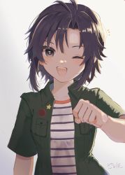 Rule 34 | 1girl, absurdres, antenna hair, black hair, clenched hand, female focus, grey eyes, highres, idolmaster, jacket, kikuchi makoto, looking at viewer, one eye closed, open mouth, piyo tane, shirt, short hair, simple background, smile, solo, star (symbol), striped clothes, striped shirt, teeth, upper body, upper teeth only