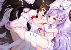 Rule 34 | 2girls, :d, ahoge, ass, azur lane, bad id, bad pixiv id, bare shoulders, bed sheet, black hair, blush, bow, brown eyes, chocolate, collared dress, commentary request, dress, feeding, food, frilled dress, frills, hair bun, hair ornament, holding, holding food, long hair, lying, maeha, md5 mismatch, multiple girls, nagato (azur lane), on side, open mouth, panties, profile, puffy short sleeves, puffy sleeves, purple bow, purple eyes, purple hair, resolution mismatch, sailor collar, sailor dress, short sleeves, side bun, single hair bun, single side bun, sleeveless, sleeveless dress, smile, source larger, striped clothes, striped panties, stuffed animal, stuffed toy, stuffed unicorn, thighhighs, underwear, unicorn (azur lane), very long hair, white dress, white legwear, white sailor collar