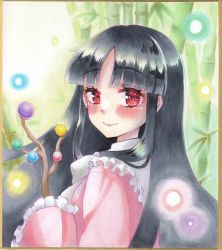 Rule 34 | 1girl, black hair, blouse, blush, bow, bowtie, branch, frilled shirt collar, frilled sleeves, frills, highres, hime cut, houraisan kaguya, jeweled branch of hourai, long hair, long sleeves, looking at viewer, marker (medium), red eyes, shikishi, shirt, sidelocks, smile, solo, touhou, traditional media, uhouhosoiya go, upper body, very long hair, wide sleeves