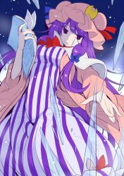 Rule 34 | &gt;:(, 1girl, blue bow, blue ribbon, book, bow, breasts, capelet, crescent, dress, eichi yuu, from below, frown, hair bow, hair ribbon, hat, hat ribbon, holding, holding book, long hair, looking at viewer, medium breasts, mob cap, pajamas, patchouli knowledge, purple eyes, purple hair, red bow, red ribbon, ribbon, solo, striped clothes, striped dress, touhou, tress ribbon, tsurime, v-shaped eyebrows, vertical-striped clothes, vertical-striped dress, very long hair, wide sleeves