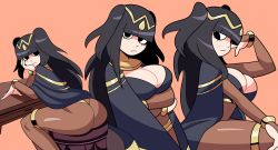 Rule 34 | 1girl, absurdres, artist request, ass, black cape, black eyes, black hair, blunt bangs, bodystocking, breasts, bridal gauntlets, cape, cleavage, fire emblem, highres, large breasts, long hair, looking at viewer, nintendo, sitting, solo, source request, table, tharja (fire emblem), twintails