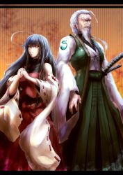 Rule 34 | 1boy, 1girl, ahoge, aura, backlighting, beard, black hair, breasts, cracking knuckles, detached sleeves, facial hair, floral background, frown, grey hair, grin, hakama, hakama skirt, highres, japanese clothes, katana, kg cliff edge, konpaku youki, large breasts, leotard, letterboxed, long beard, long hair, looking at viewer, manly, multiple swords, mustache, nontraditional miko, nose, open hand, pov, red eyes, red hakama, ribbon-trimmed sleeves, ribbon trim, scar, scar across eye, scar on face, sendai hakurei no miko, serious, sheath, sheathed, skirt, smile, sword, toned, touhou, very long hair, very long sleeves, weapon, wide sleeves