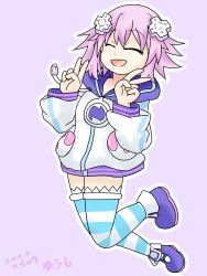 Rule 34 | absurdres, breasts, hair ornament, hairclip, happy, highres, himegawayushi, hood, hoodie, neptune (neptunia), neptune (series), open mouth, parka, purple hair, shoes, short hair, small breasts, thighs, v