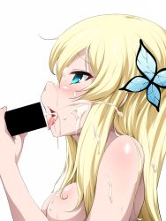Rule 34 | 10s, 1girl, aqua eyes, blonde hair, blush, boku wa tomodachi ga sukunai, breasts, butterfly hair ornament, censored, chance maker, cum, cum in mouth, cum on body, cum on breasts, cum on hair, cum on tongue, cum on upper body, ejaculation, face, facial, fellatio, hair ornament, hetero, kashiwazaki sena, long hair, nude, open mouth, oral, profile, simple background, solo focus, sweat, tongue, tongue out, white background
