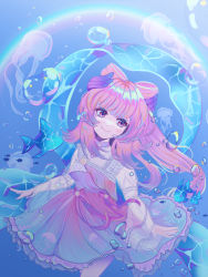 Rule 34 | 1girl, absurdres, air bubble, alternate hairstyle, blunt bangs, blush, bubble, colored eyelashes, dress, fish, frilled dress, frills, genshin impact, hair ornament, highres, jellyfish, lipstick, long hair, looking up, makeup, multicolored hair, ocean, pink hair, resolution mismatch, sangonomiya kokomi, smile, solo, source smaller, threepenstylus, two-tone hair, wide sleeves