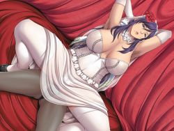 Rule 34 | 10s, 1boy, 1girl, armpit hair, armpits, arms behind head, arms up, bare shoulders, black pantyhose, breasts, bridal veil, bride, cleavage, covered erect nipples, dress, dutch angle, elbow gloves, empress (studio), flower, game cg, girl on top, gloves, hair ornament, hair ribbon, large breasts, legs, lips, lipstick, long hair, makeup, mole, mole under mouth, nonohara mikako, panties, pantyhose, purple eyes, purple hair, ribbon, rose, see-through, sei shoujo, shoes, sitting, sitting on person, solo focus, starless, thick thighs, thighhighs, thighs, underwear, veil, wedding dress, white panties, white thighhighs, will (company)