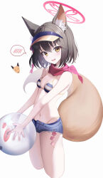 Rule 34 | 1girl, :d, absurdres, animal ears, ball, bare arms, bare shoulders, beachball, bikini, black hair, blue archive, blue shorts, breasts, cropped legs, cutoffs, denim, denim shorts, eyeshadow, fang, fox ears, fox girl, fox tail, halo, highres, holding, izuna (blue archive), izuna (swimsuit) (blue archive), large tail, looking at viewer, makeup, micro shorts, nagul, navel, official alternate costume, open fly, open mouth, scarf, short hair, shorts, simple background, small breasts, smile, solo, spoken blush, stomach, strap gap, string bikini, striped bikini, striped clothes, swimsuit, tail, thighs, visor cap, white background, yellow eyes