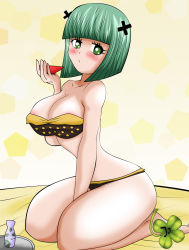 Rule 34 | 1girl, absurdres, alcohol, areola slip, bikini, brandish mew, breasts, fairy tail, female focus, green eyes, green hair, highres, large breasts, lucky-jj, sake, simple background, solo, swimsuit, tagme