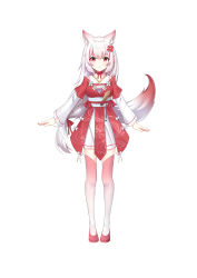Rule 34 | 1girl, absurdres, animal ear fluff, animal ears, blush, bow, chihong de tianshi, closed mouth, flower, fox ears, fox girl, fox tail, full body, gradient legwear, hair flower, hair ornament, highres, japanese clothes, kimono, long hair, long sleeves, looking at viewer, multicolored hair, obi, original, pink thighhighs, red eyes, red flower, red footwear, red hair, sash, shoes, simple background, smile, solo, standing, streaked hair, tail, thighhighs, very long hair, white background, white bow, white flower, white hair, white kimono, white thighhighs