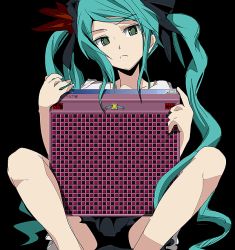 Rule 34 | 00s, 1girl, aqua hair, black background, commentary, frown, green eyes, hatsune miku, ixy, knees apart feet together, long hair, minesweeper, simple background, sitting, solo, spread legs, twintails, vocaloid, window (computing), world is mine (vocaloid)