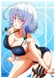 Rule 34 | 1girl, ahoge, arms at sides, ass, bare shoulders, bikini, blue background, blue bikini, blue eyes, blush, breasts, cleavage, clock, clock hands, collarbone, commentary request, eyelashes, frilled swimsuit, frills, green ribbon, hair ribbon, holster, izayoi sakuya, knife, large breasts, lips, looking at viewer, m/, open mouth, ribbon, roman numeral, shiny skin, silver hair, solo, standing, swimsuit, tatsuya (guild plus), thigh holster, thighs, touhou, tress ribbon, twintails