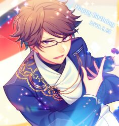 Rule 34 | 1boy, brown hair, chiyu (silverxxxx), commentary request, dated, ensemble stars!, glasses, happy birthday, holding, holding microphone, kunugi akiomi, long sleeves, lower teeth only, male focus, microphone, open mouth, purple eyes, short hair, solo, star (symbol), teeth, upper body