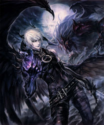 Rule 34 | 10s, 1boy, animal, azazel (shingeki no bahamut), bare shoulders, belt, black feathers, black gloves, black pants, black shirt, black wings, blue lips, elbow gloves, feathered wings, feathers, full moon, gloves, highres, holding, holding sword, holding weapon, horns, lips, lipstick, looking at viewer, magic, makeup, male focus, moon, night, night sky, open mouth, pants, shingeki no bahamut, shingeki no bahamut: genesis, shirt, short hair, sky, smirk, solo, sword, weapon, white hair, wings