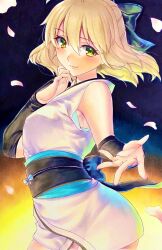 Rule 34 | 1girl, arm guards, bare shoulders, blonde hair, blue bow, blush, bow, commentary request, fate (series), hachi78b, hair bow, half updo, highres, japanese clothes, kimono, koha-ace, looking at viewer, marker (medium), obi, okita souji (fate), okita souji (koha-ace), outstretched hand, petals, sash, short kimono, sleeveless, sleeveless kimono, smile, solo, traditional media, two-tone background, upper body, yellow eyes