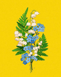 Rule 34 | blue flower, bouquet, commentary, english commentary, fern, flower, forget-me-not (flower), highres, leaf, libbyframe, lily of the valley, no humans, original, plant, signature, simple background, still life, white flower, yellow background