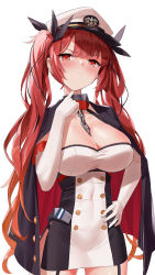 Rule 34 | 1girl, azur lane, basil (st 1), between breasts, black ribbon, blush, breasts, cleavage, closed mouth, commentary request, detached sleeves, elbow gloves, garter straps, gloves, hair ribbon, hand on own hip, hat, highres, honolulu (azur lane), jacket, jacket on shoulders, large breasts, long hair, peaked cap, red eyes, red hair, ribbon, twintails, very long hair, white gloves