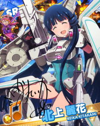 Rule 34 | 10s, 2girls, :d, ^ ^, beamed quavers, blue hair, card (medium), character name, character signature, closed eyes, headgear, idolmaster, idolmaster million live!, kitakami reika, low twintails, maihama ayumu, mecha musume, million live card, multiple girls, musical note, official art, open mouth, signature, smile, solo focus, twintails, weapon