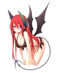 Rule 34 | 1girl, anchor, aviere (warship girls r), bat wings, bent over, bikini, blush, breasts, chain, cleavage, frilled bikini, frills, hair between eyes, haluka (aixioo), highres, large breasts, long hair, looking at viewer, purple eyes, red hair, solo, swimsuit, tail, tears, transparent background, very long hair, warship girls r, wavy mouth, wings
